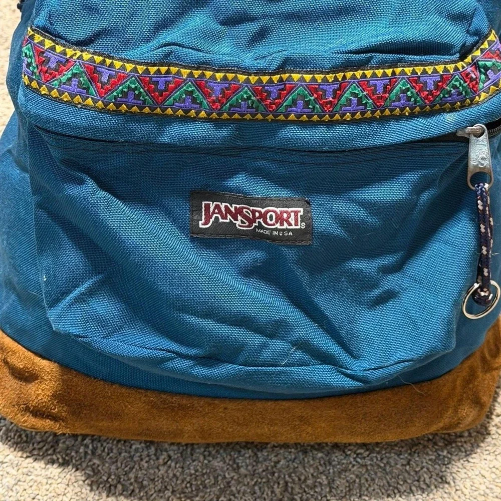 Vintage JanSport USA Teal Backpack Suede Leather Bottom Tribal Trim Made in USA